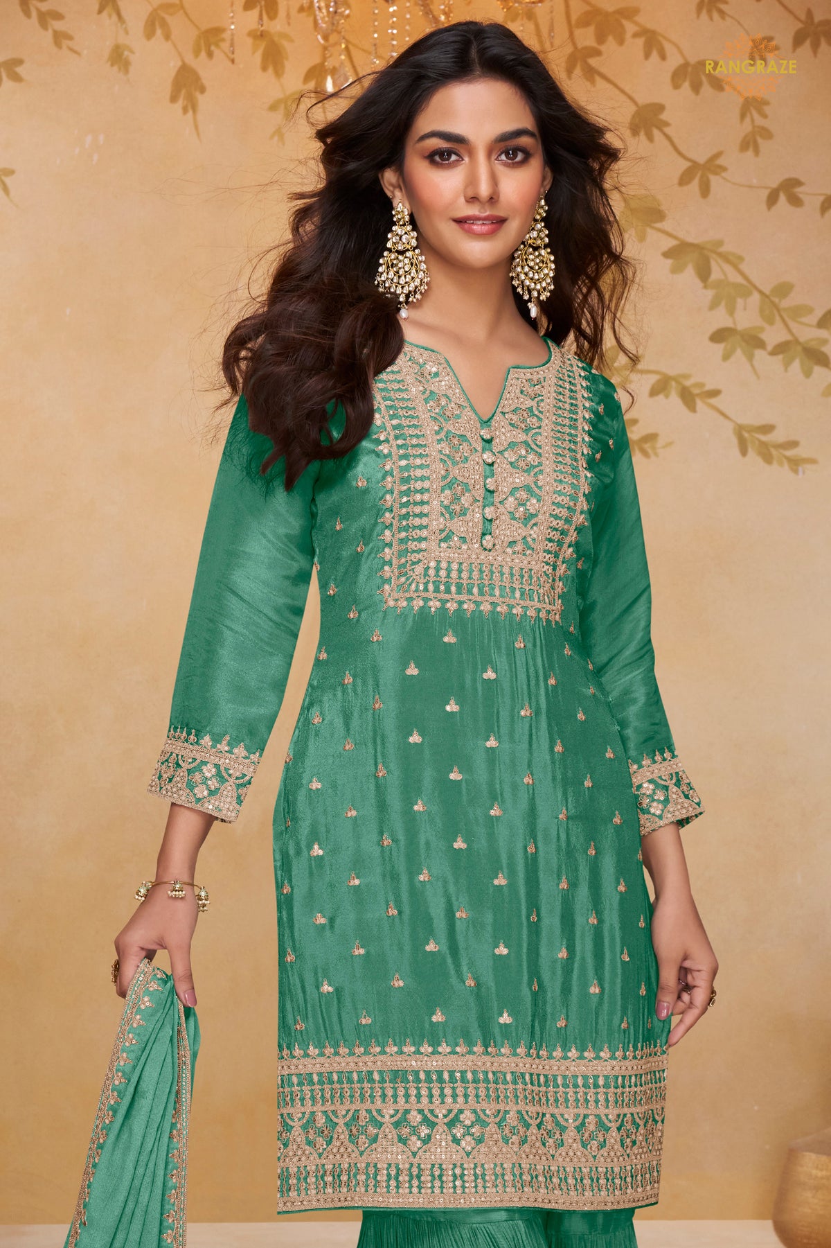 Persian Green Embroidered Stitched Chinon Sharara Suit