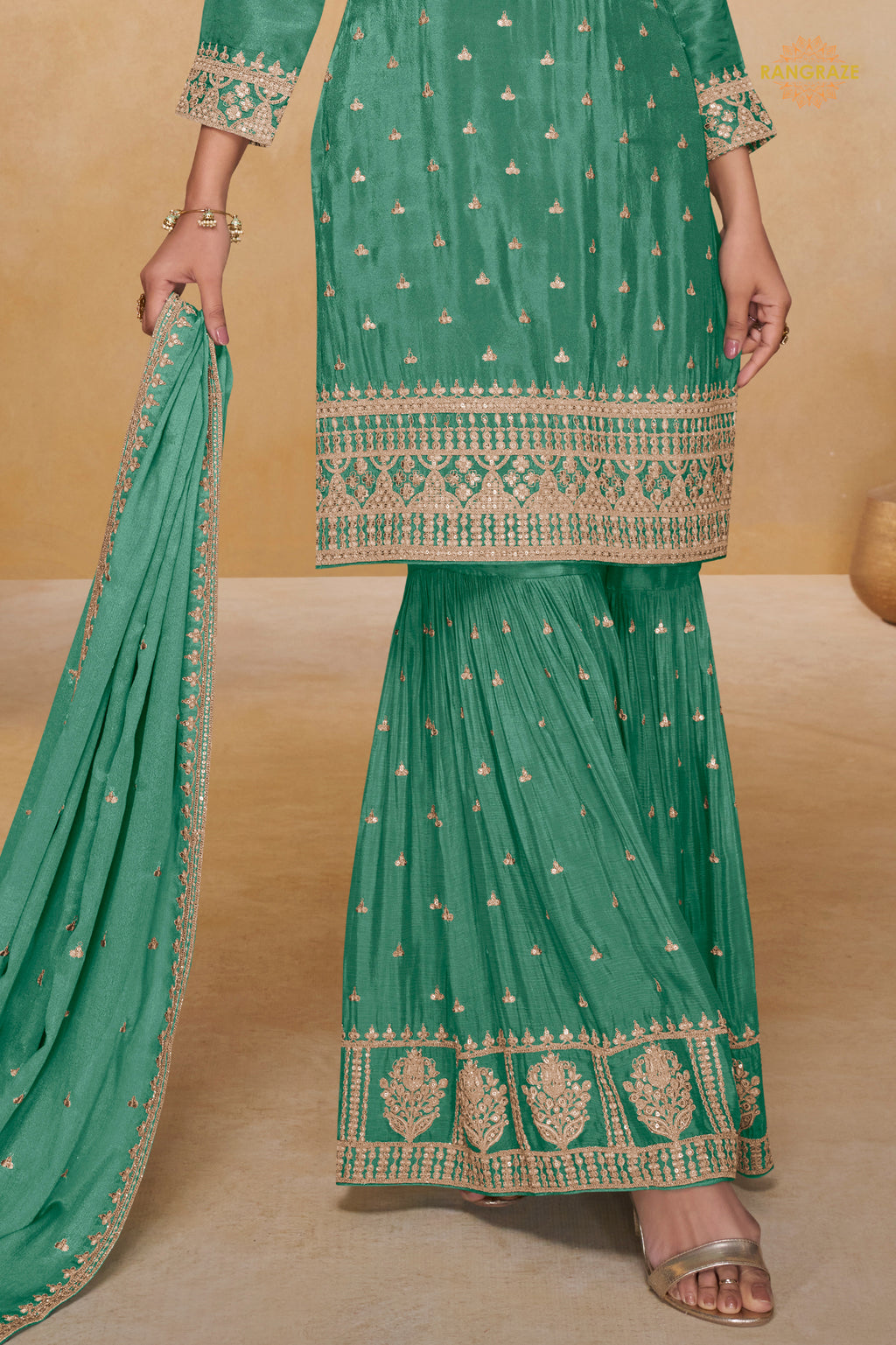 Persian Green Embroidered Stitched Chinon Sharara Suit