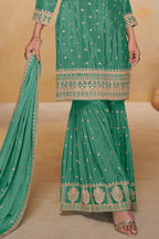 Persian Green Embroidered Stitched Chinon Sharara Suit