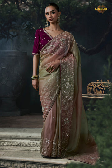 Pink And Green Embroidered Tissue Organza Saree