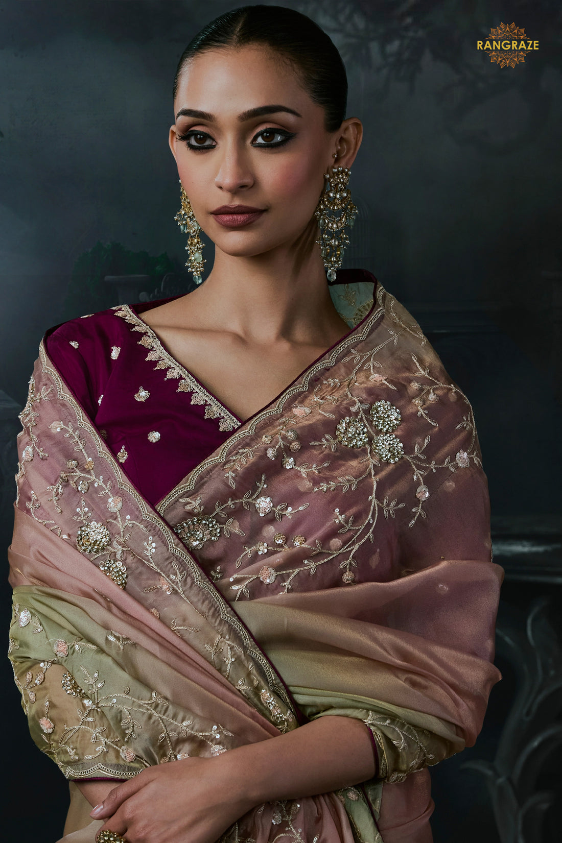 Pink And Green Embroidered Tissue Organza Saree