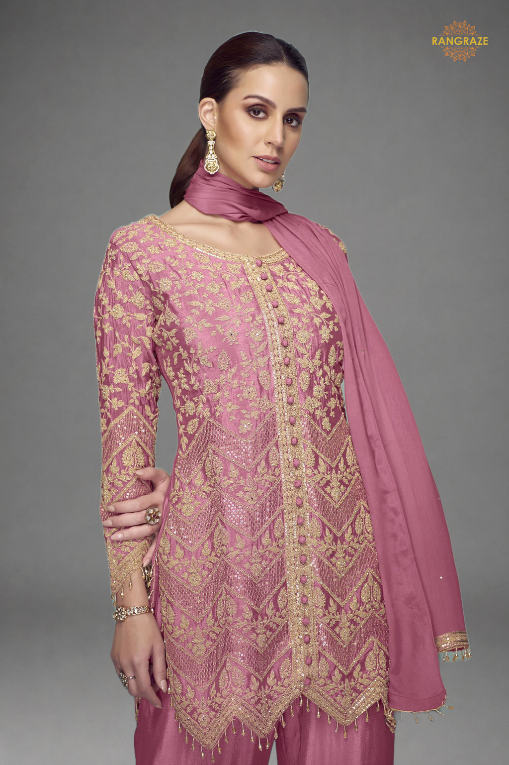 Pink Embroidered Stitched Chinon Suit Set