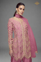 Pink Embroidered Stitched Chinon Suit Set
