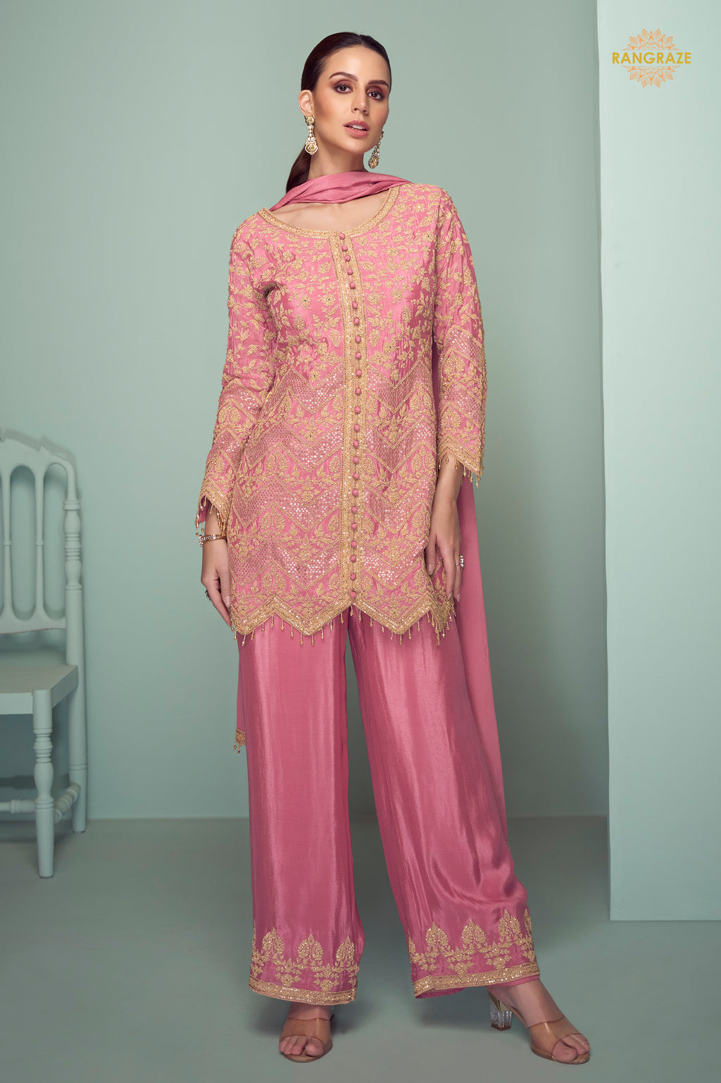 Pink Embroidered Stitched Chinon Suit Set
