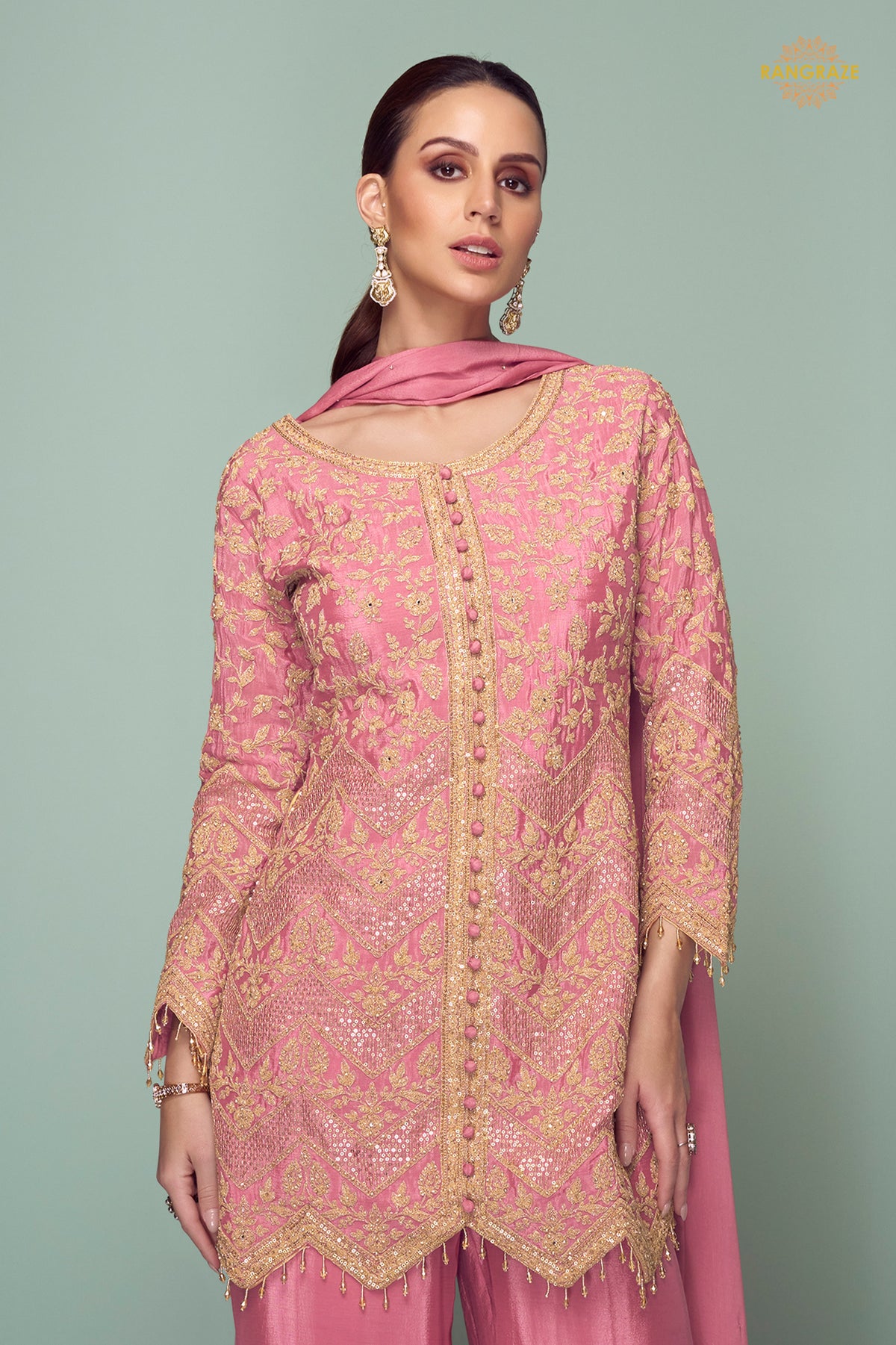 Pink Embroidered Stitched Chinon Suit Set