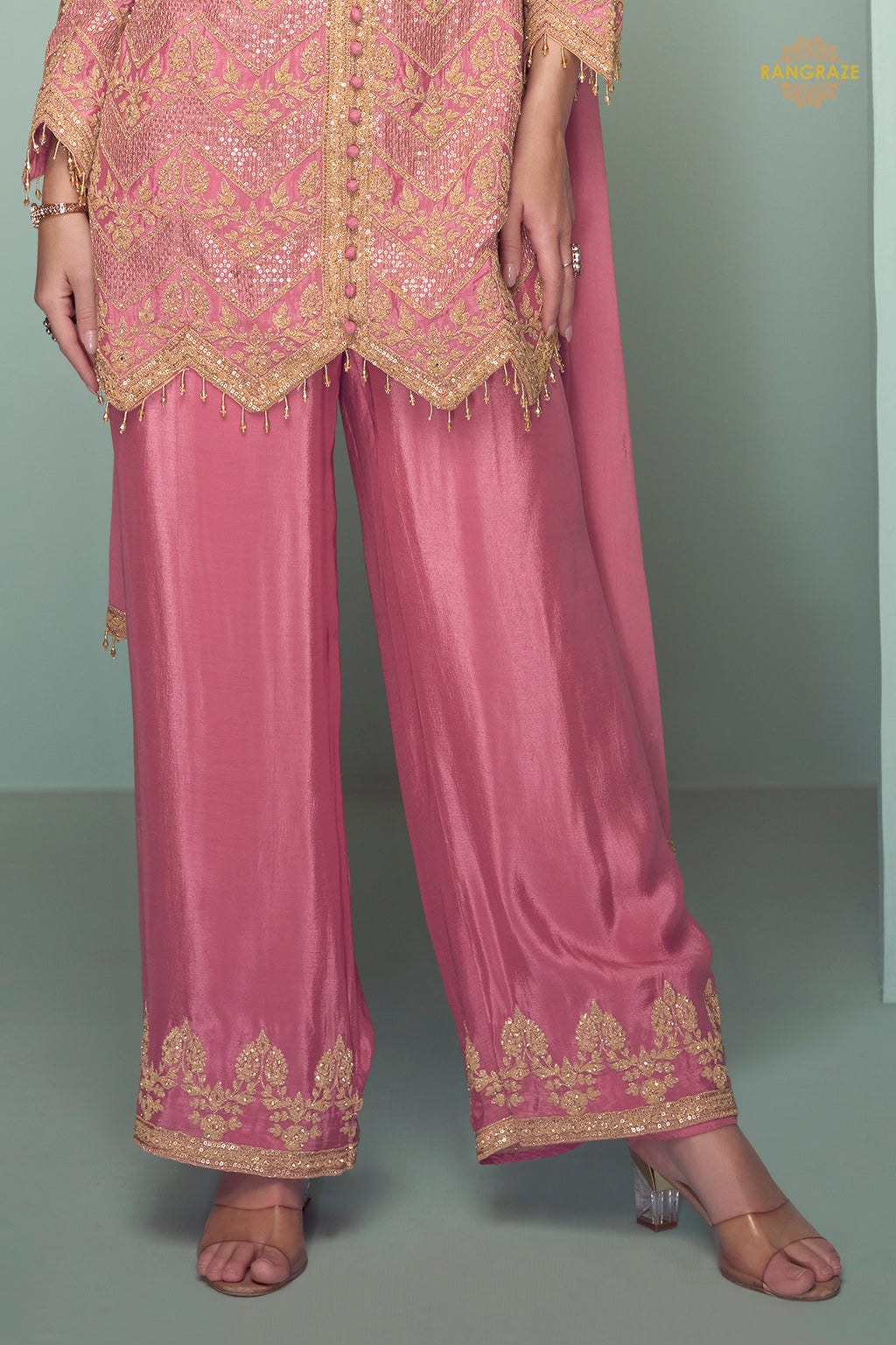 Pink Embroidered Stitched Chinon Suit Set