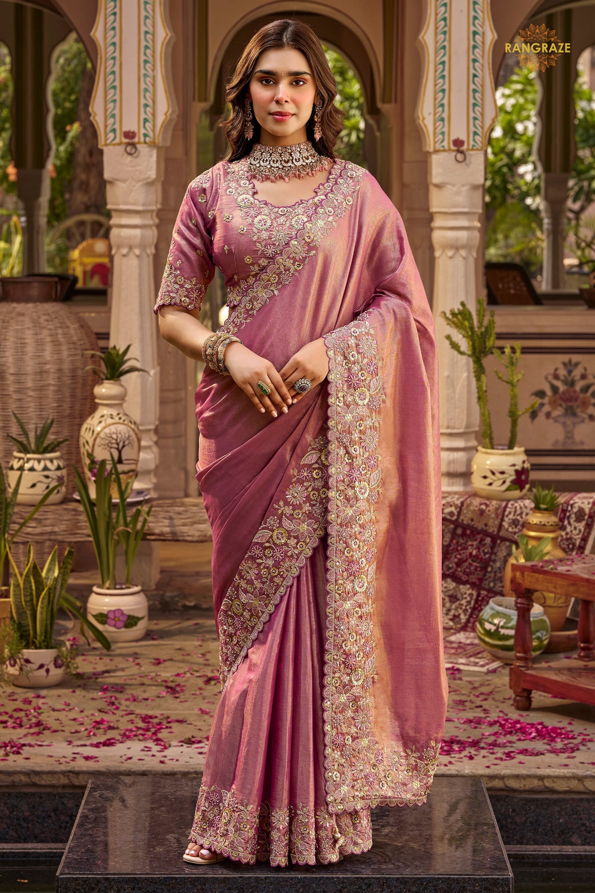 Pink Embroidred Fancy Silk Saree