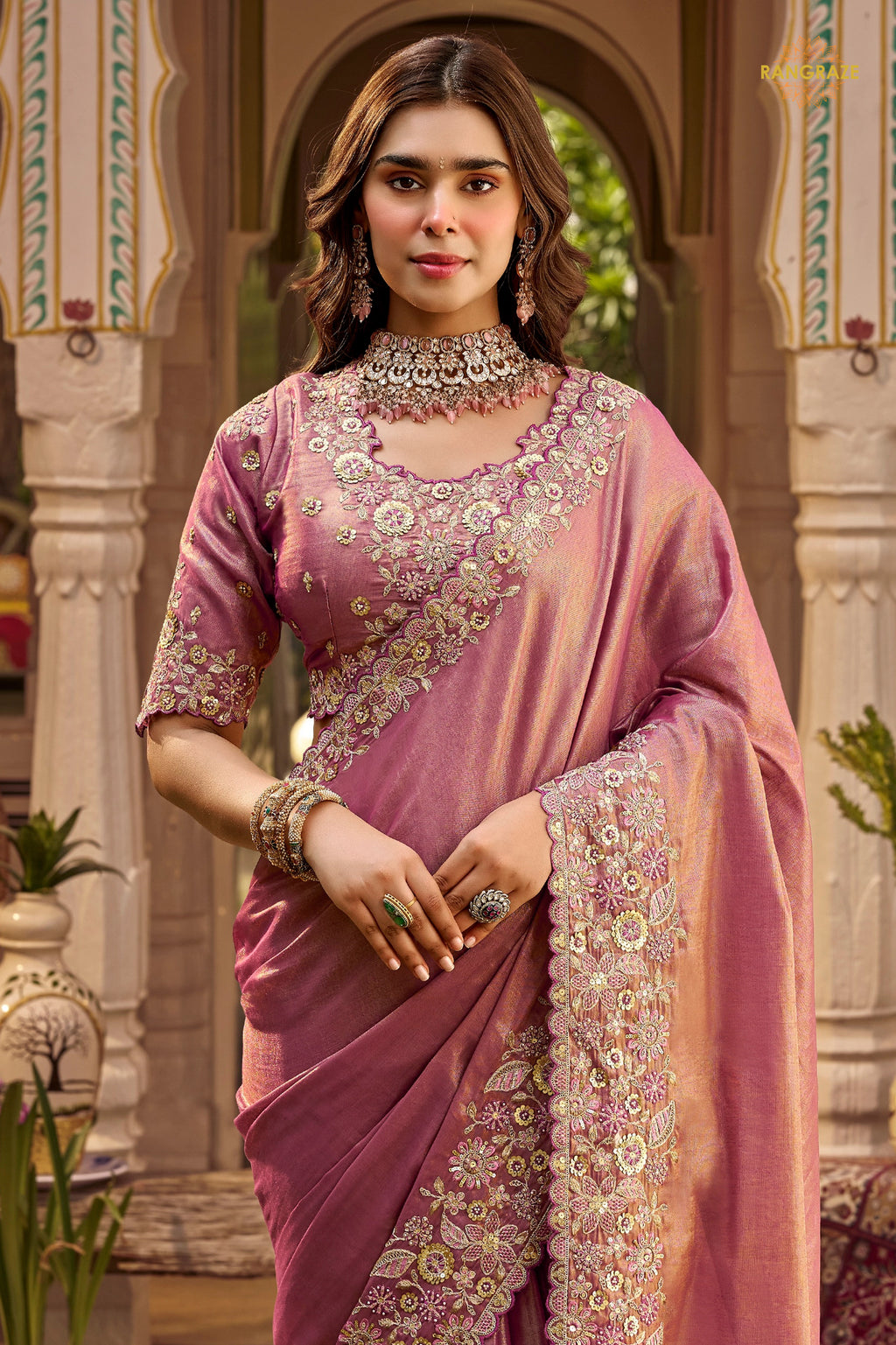 Pink Embroidred Fancy Silk Saree