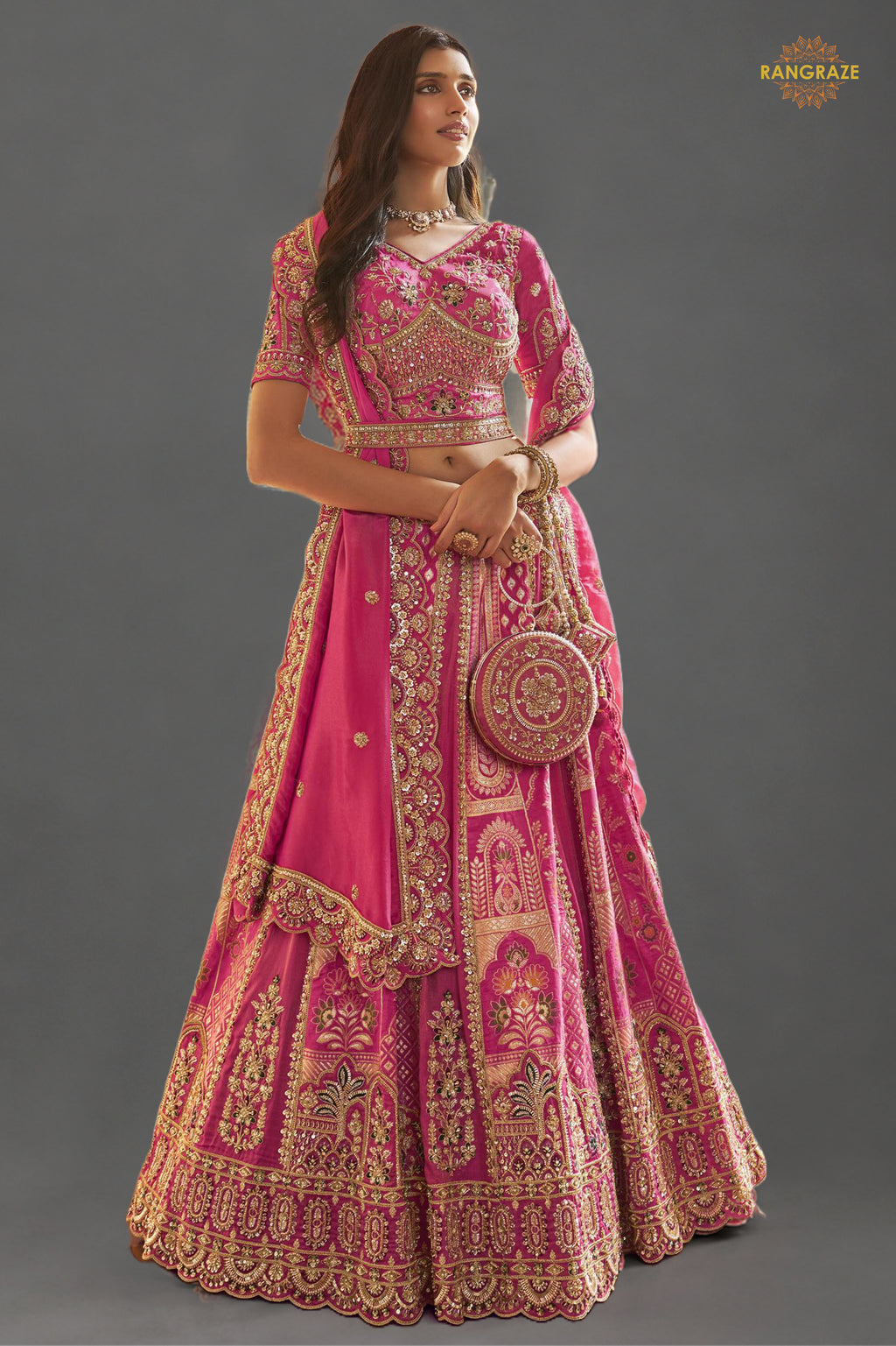 Pink Heavy Work Banarasi Silk Lehenga With Clutch