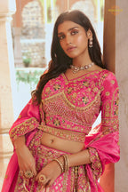 Pink Heavy Work Banarasi Silk Lehenga With Clutch
