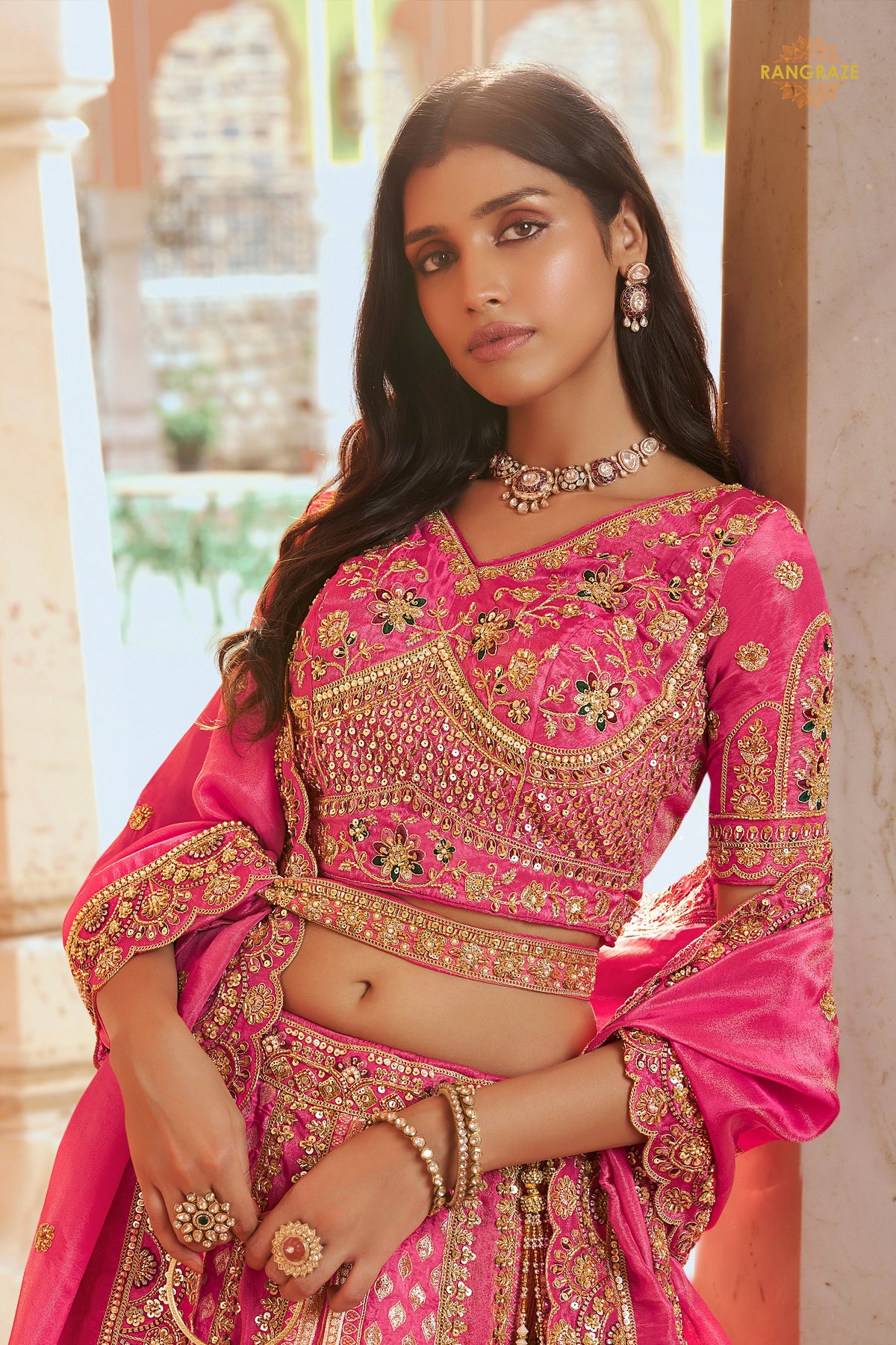 Pink Heavy Work Banarasi Silk Lehenga With Clutch