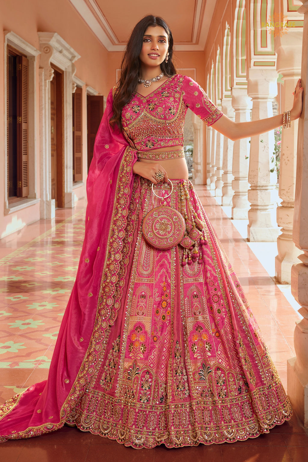 Pink Heavy Work Banarasi Silk Lehenga With Clutch