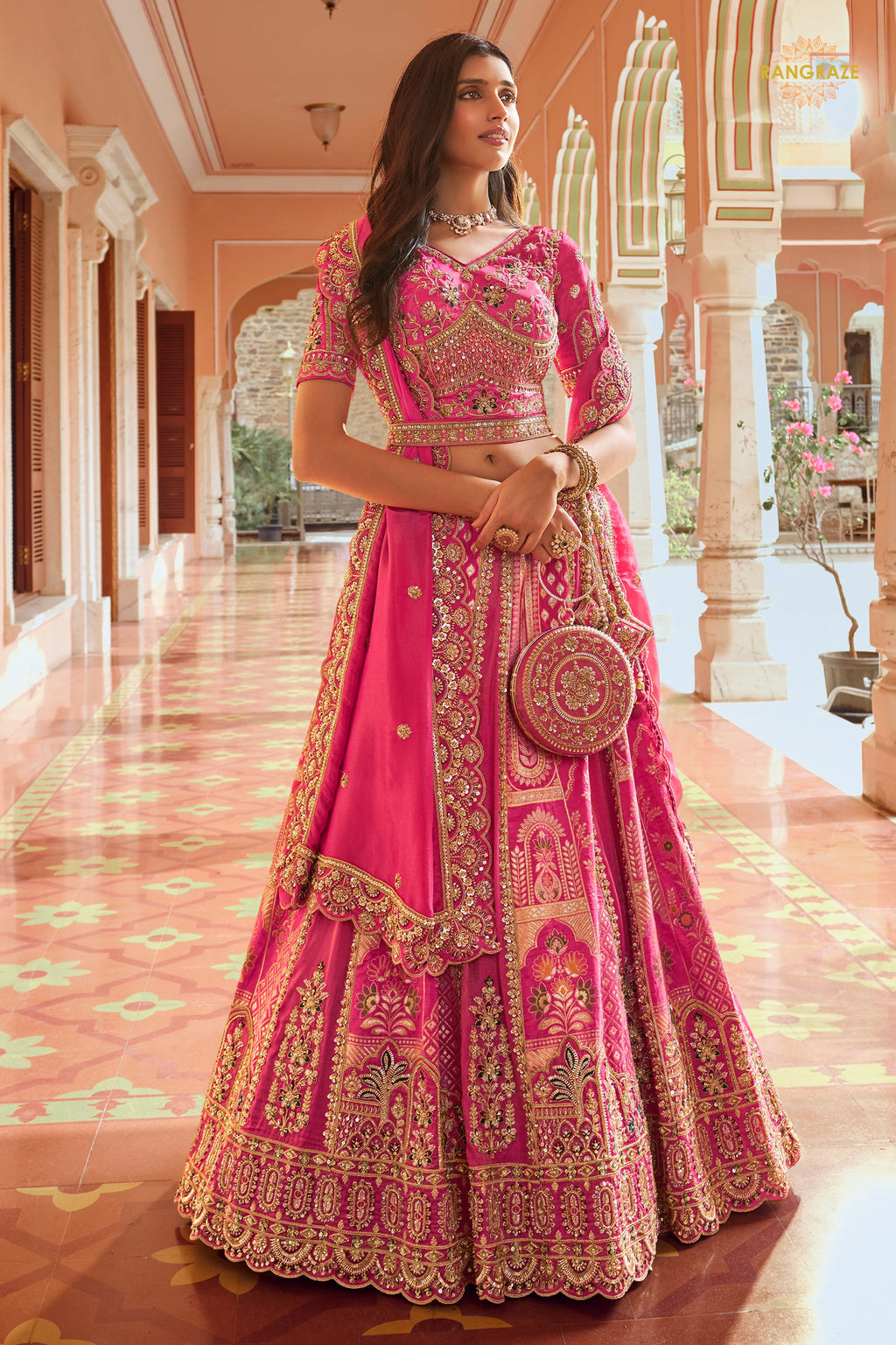 Pink Heavy Work Banarasi Silk Lehenga With Clutch