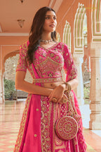 Pink Heavy Work Banarasi Silk Lehenga With Clutch