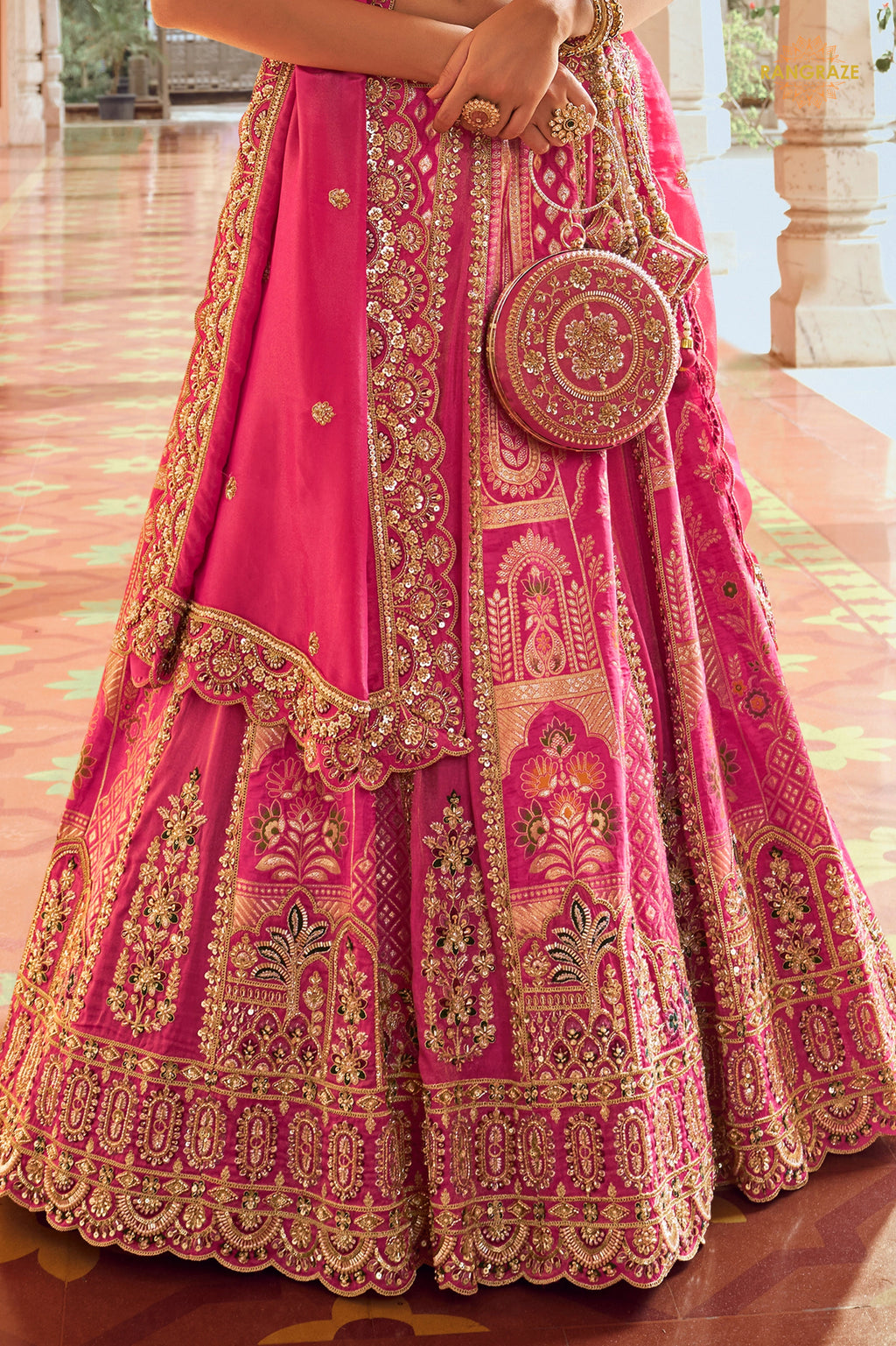 Pink Heavy Work Banarasi Silk Lehenga With Clutch