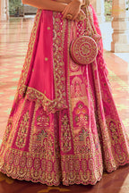 Pink Heavy Work Banarasi Silk Lehenga With Clutch