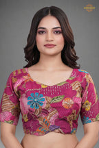 Pink Printed Viscose Blouse with Embroidered Work