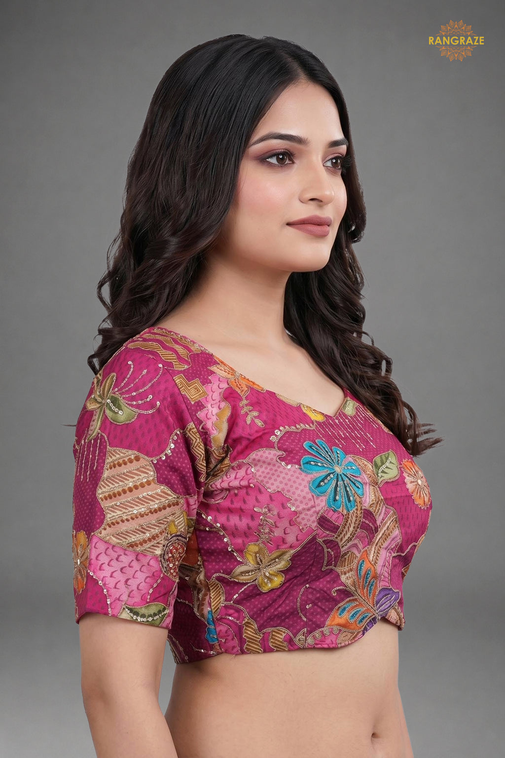 Pink Printed Viscose Blouse with Embroidered Work