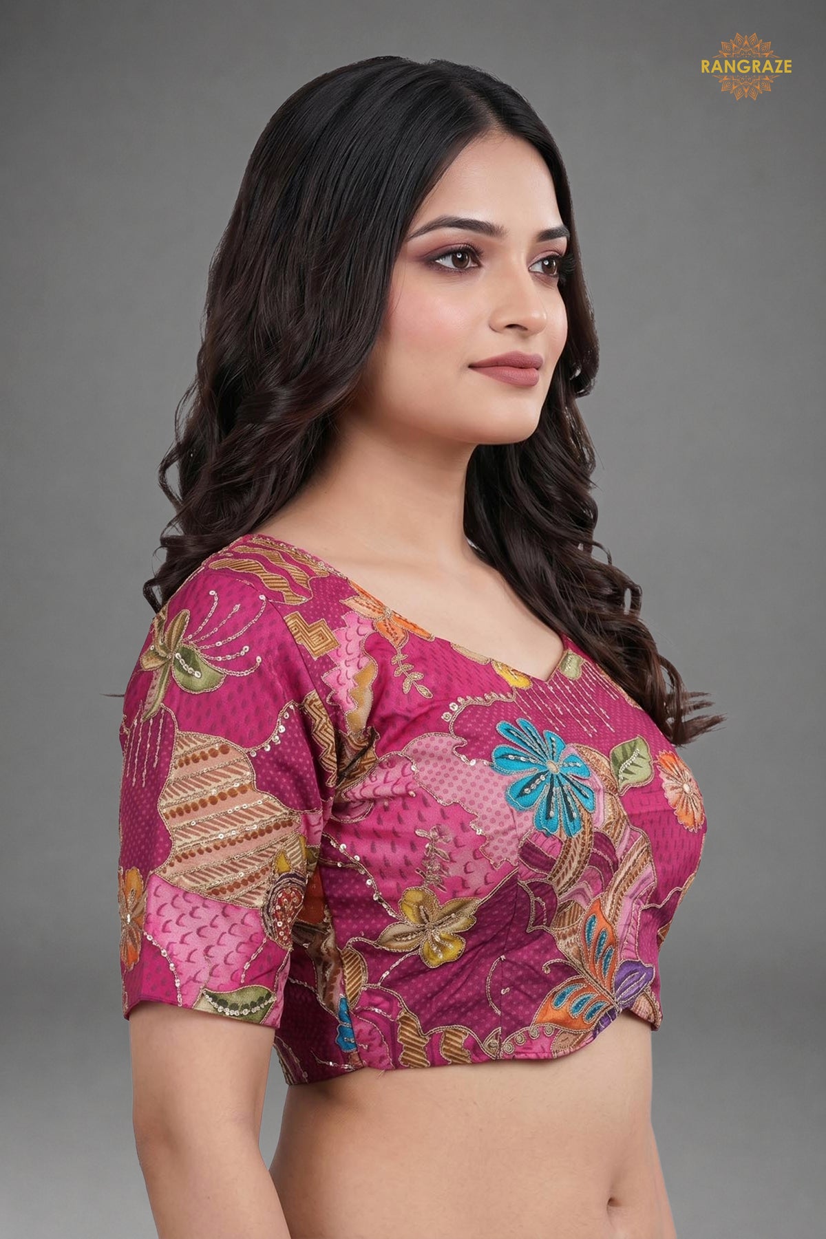 Pink Printed Viscose Blouse with Embroidered Work