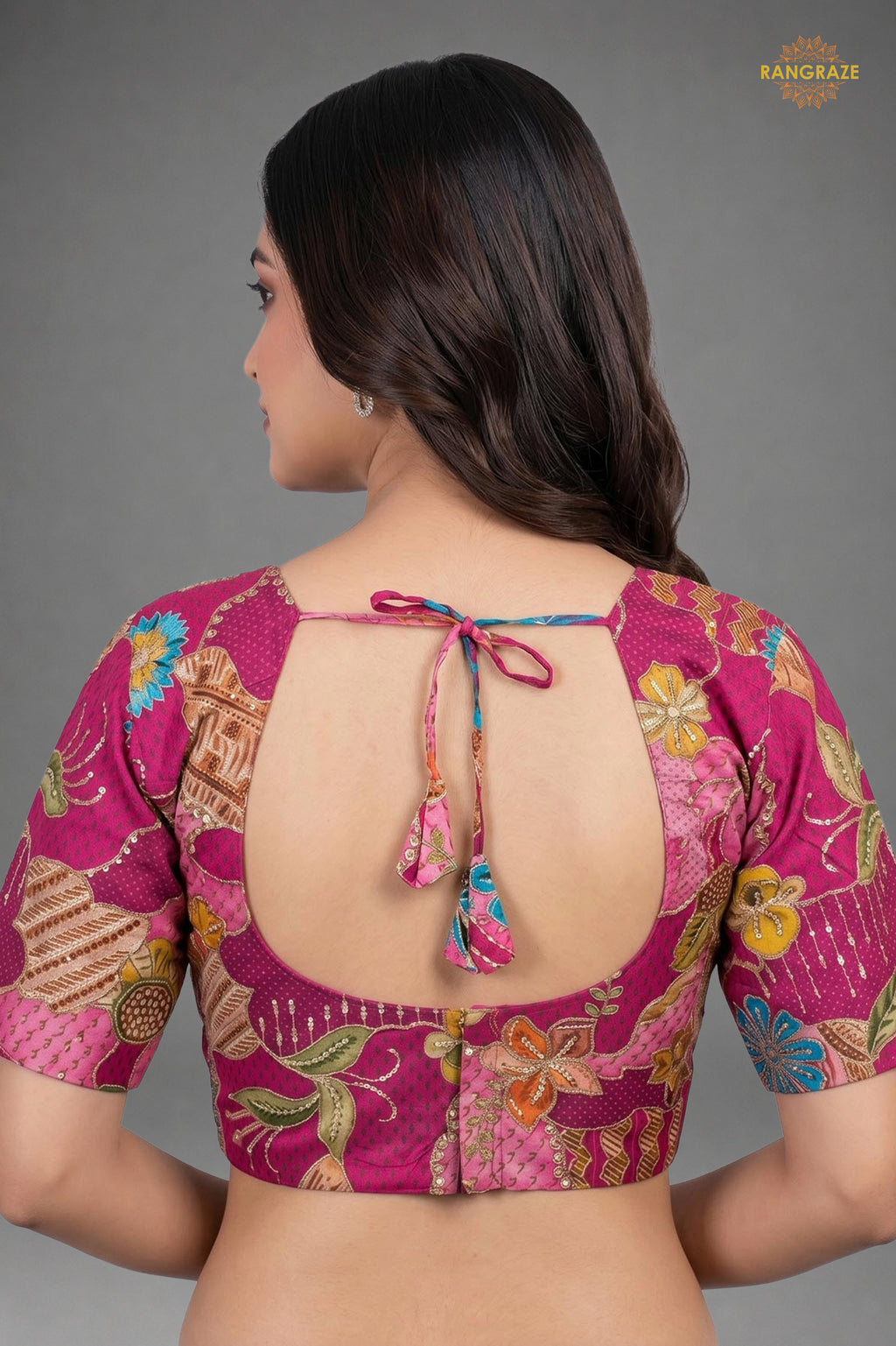 Pink Printed Viscose Blouse with Embroidered Work
