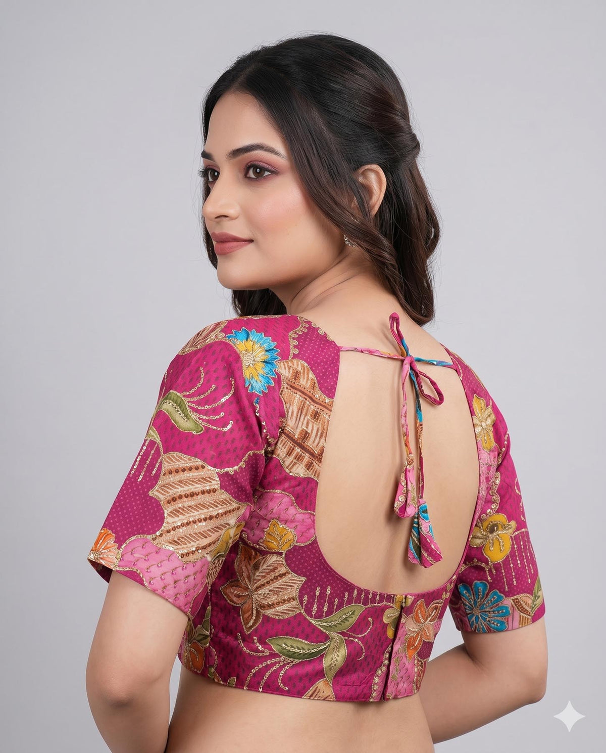 Pink Printed Viscose Blouse with Embroidered Work