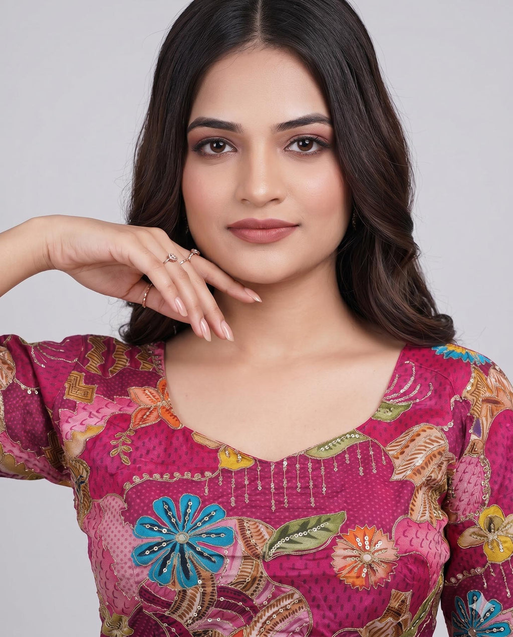 Pink Printed Viscose Blouse with Embroidered Work