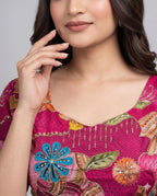 Pink Printed Viscose Blouse with Embroidered Work