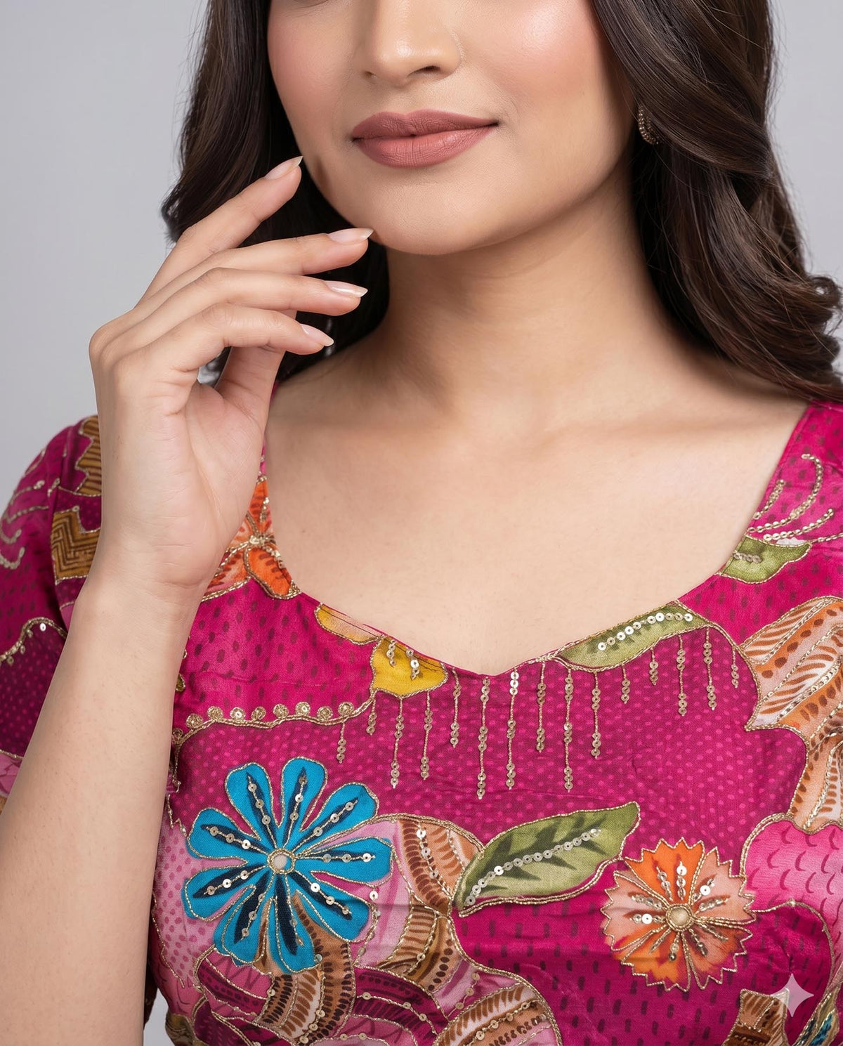 Pink Printed Viscose Blouse with Embroidered Work