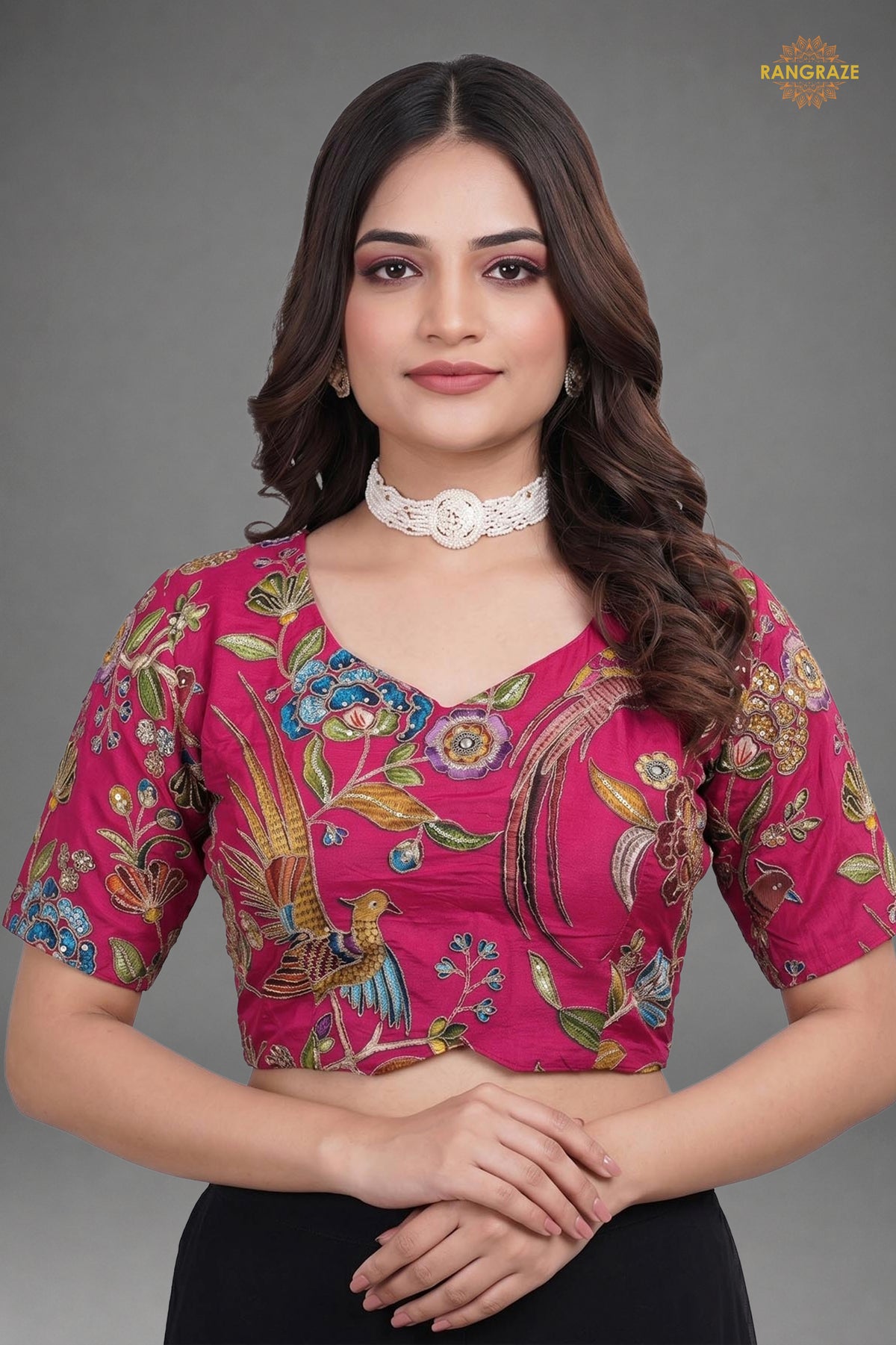 Pink Printed Viscose Blouse with Embroidered Work