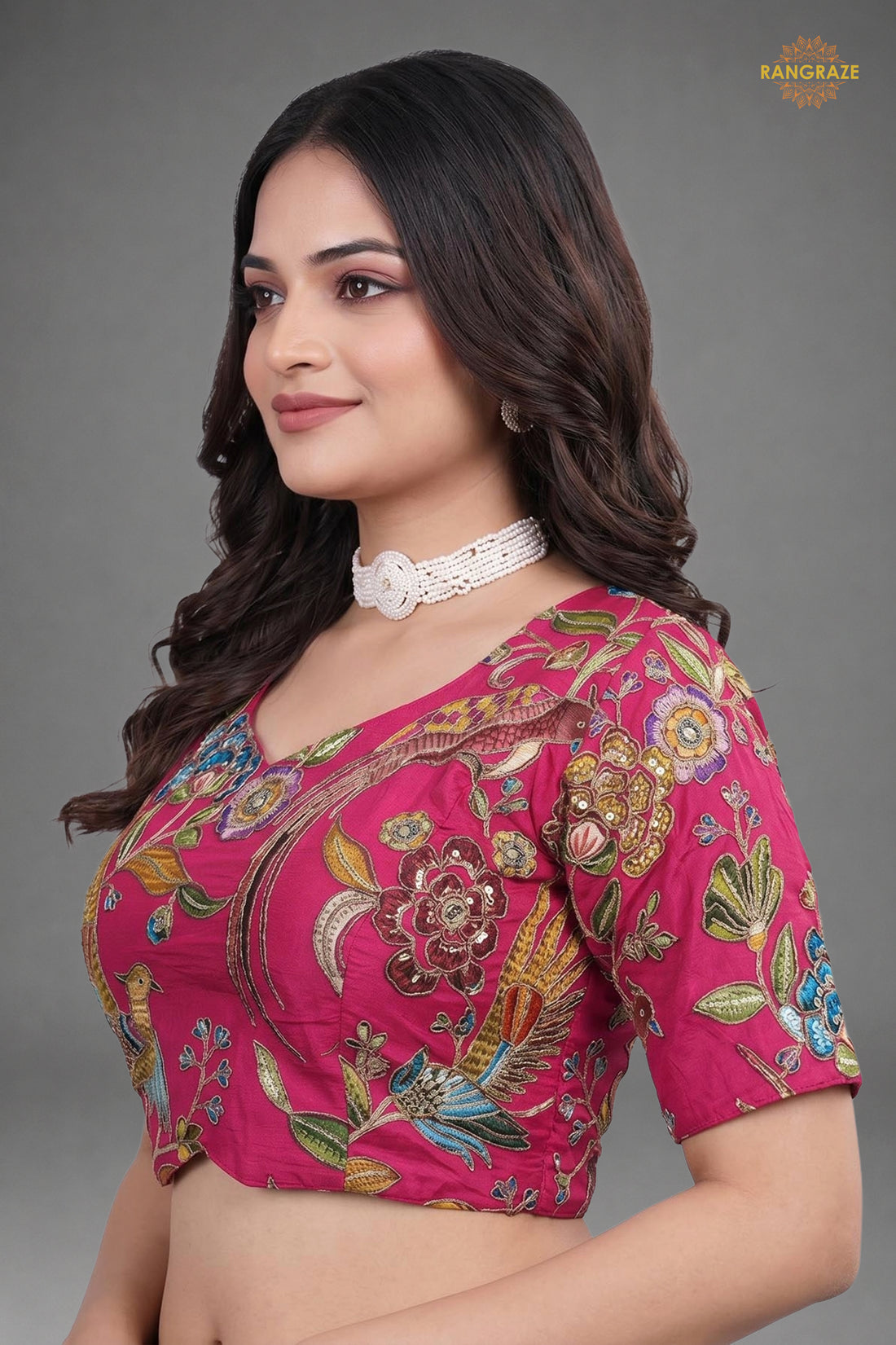 Pink Printed Viscose Blouse with Embroidered Work