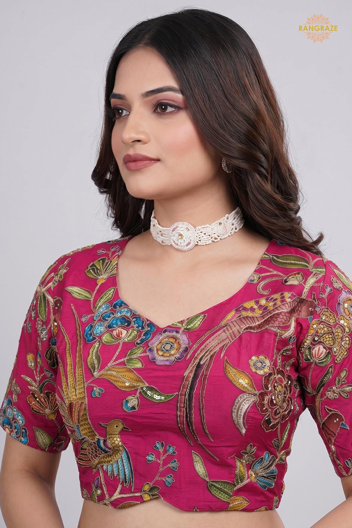 Pink Printed Viscose Blouse with Embroidered Work