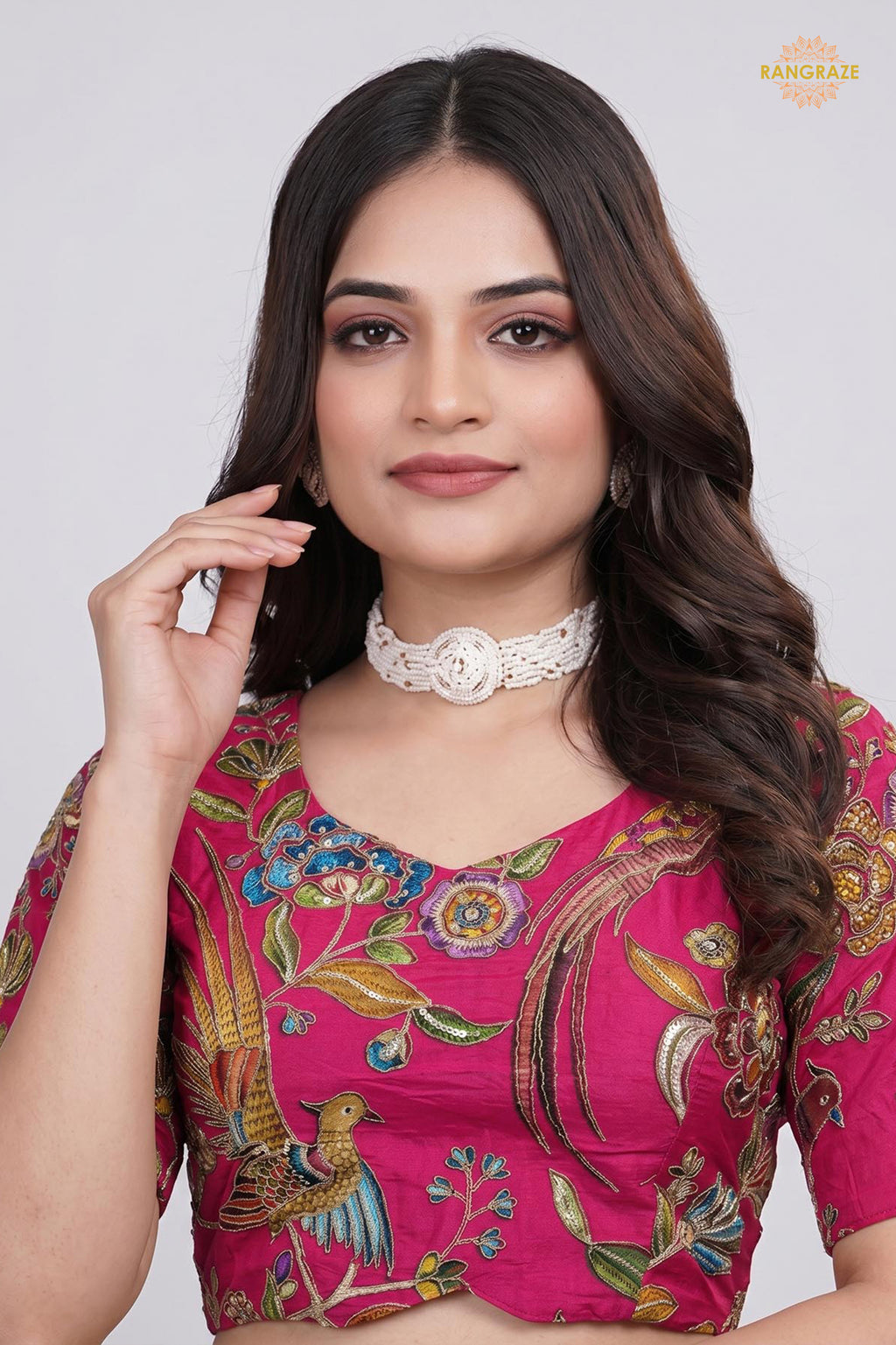 Pink Printed Viscose Blouse with Embroidered Work