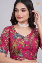 Pink Printed Viscose Blouse with Embroidered Work