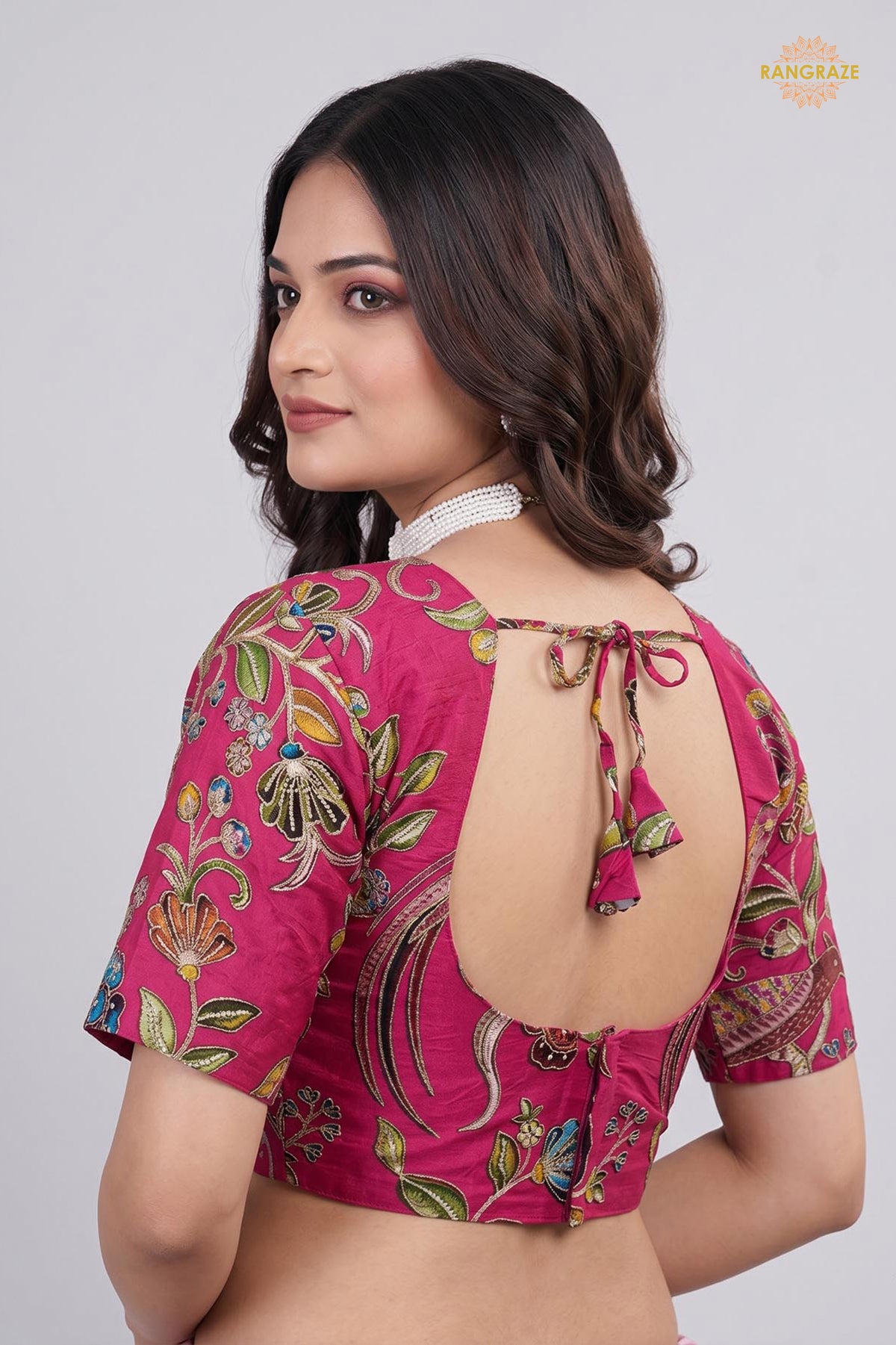 Pink Printed Viscose Blouse with Embroidered Work