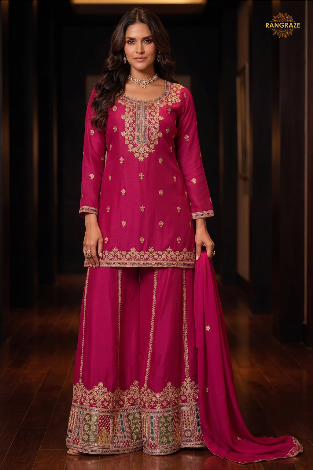 Pink Readymade Embroidered Chinon Sharara Suit