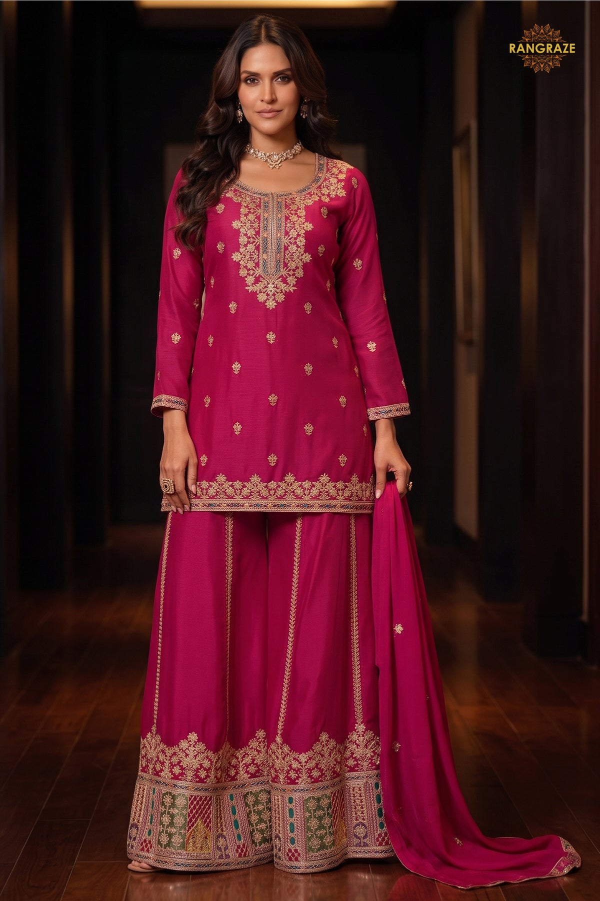 Pink Readymade Embroidered Chinon Sharara Suit