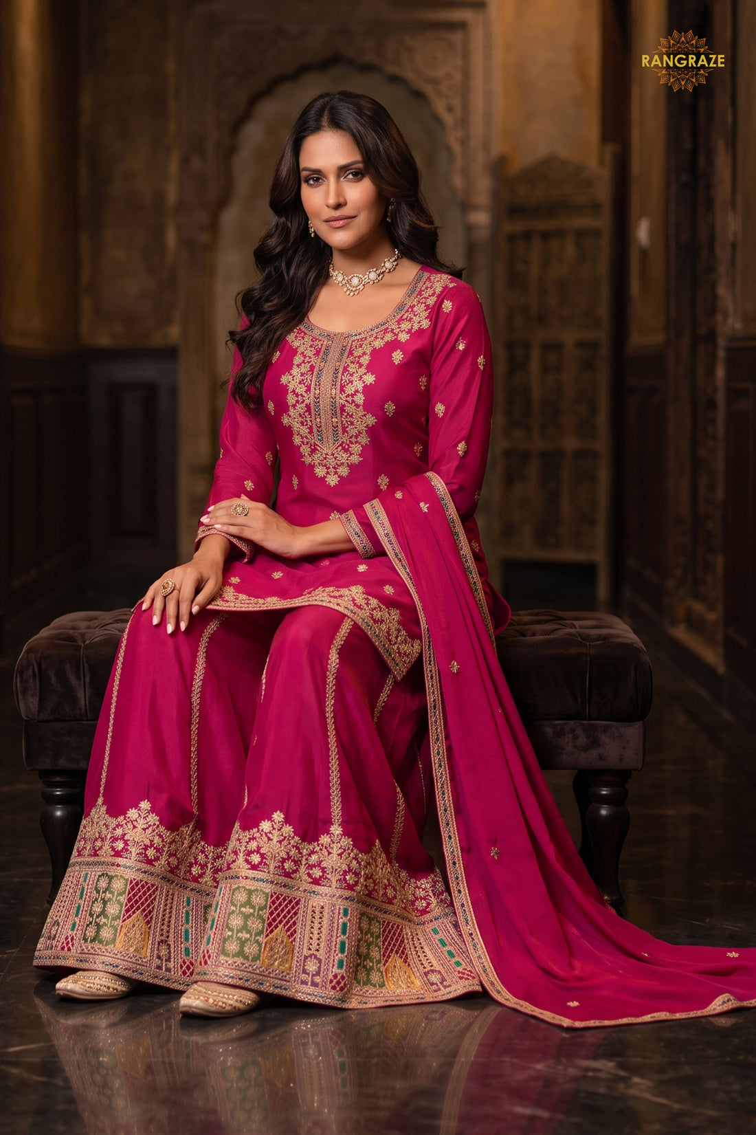 Pink Readymade Embroidered Chinon Sharara Suit