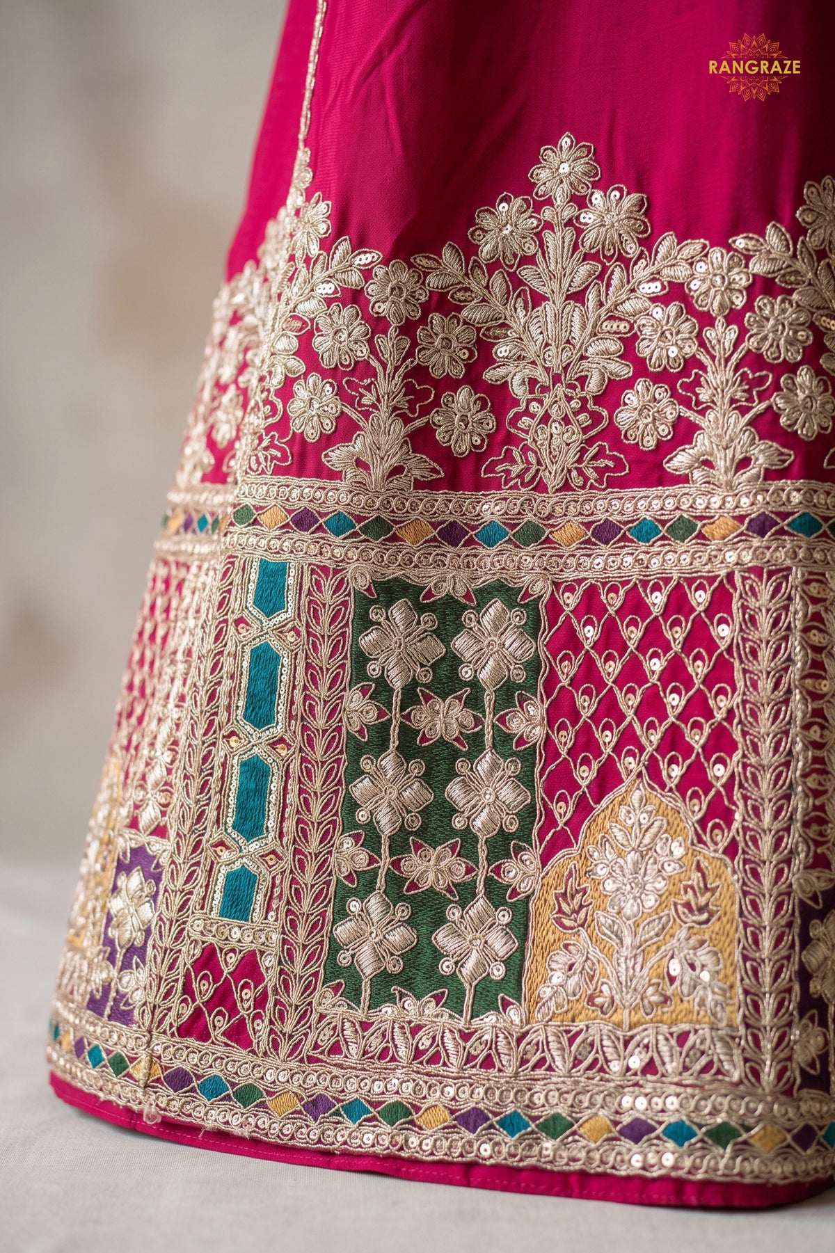 Pink Readymade Embroidered Chinon Sharara Suit