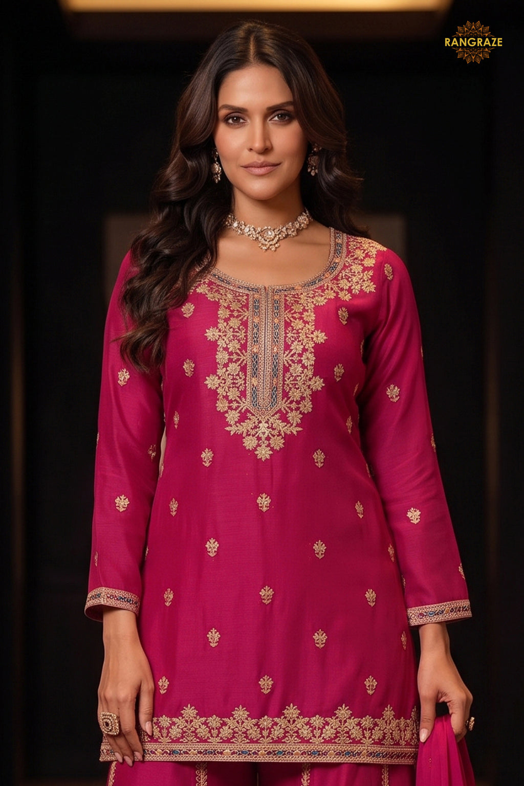 Pink Readymade Embroidered Chinon Sharara Suit