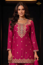 Pink Readymade Embroidered Chinon Sharara Suit