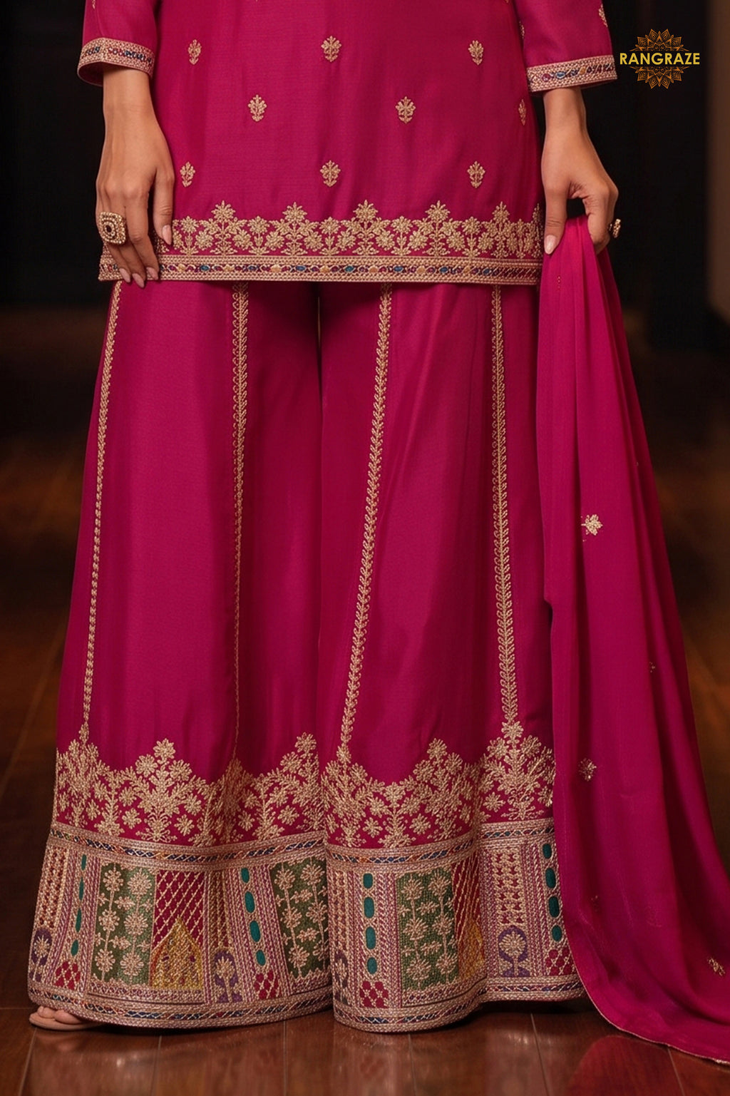 Pink Readymade Embroidered Chinon Sharara Suit
