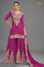 Pink Stitched Embroidered Chinon Suit