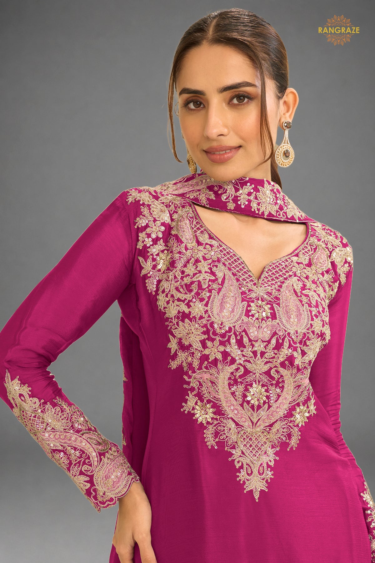 Pink Stitched Embroidered Chinon Suit
