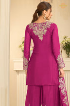 Pink Stitched Embroidered Chinon Suit