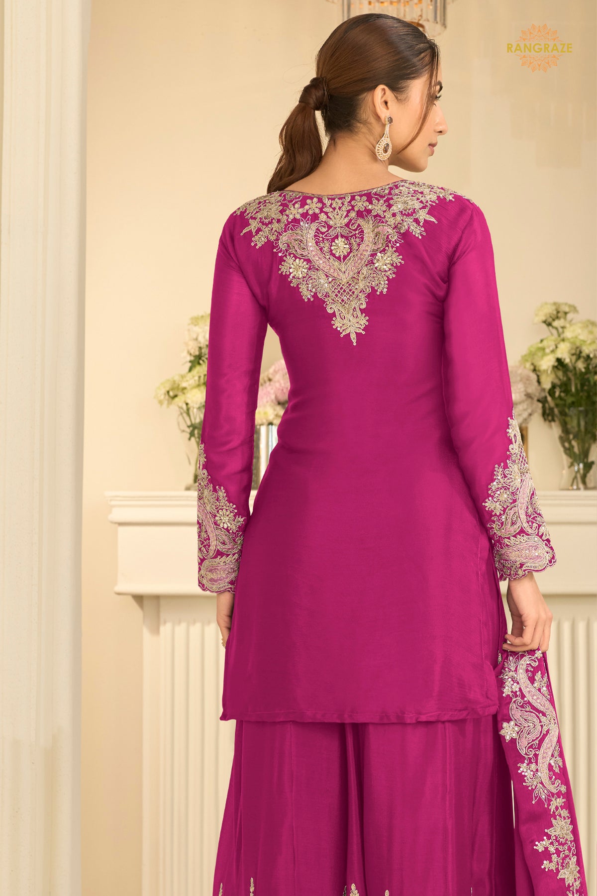 Pink Stitched Embroidered Chinon Suit
