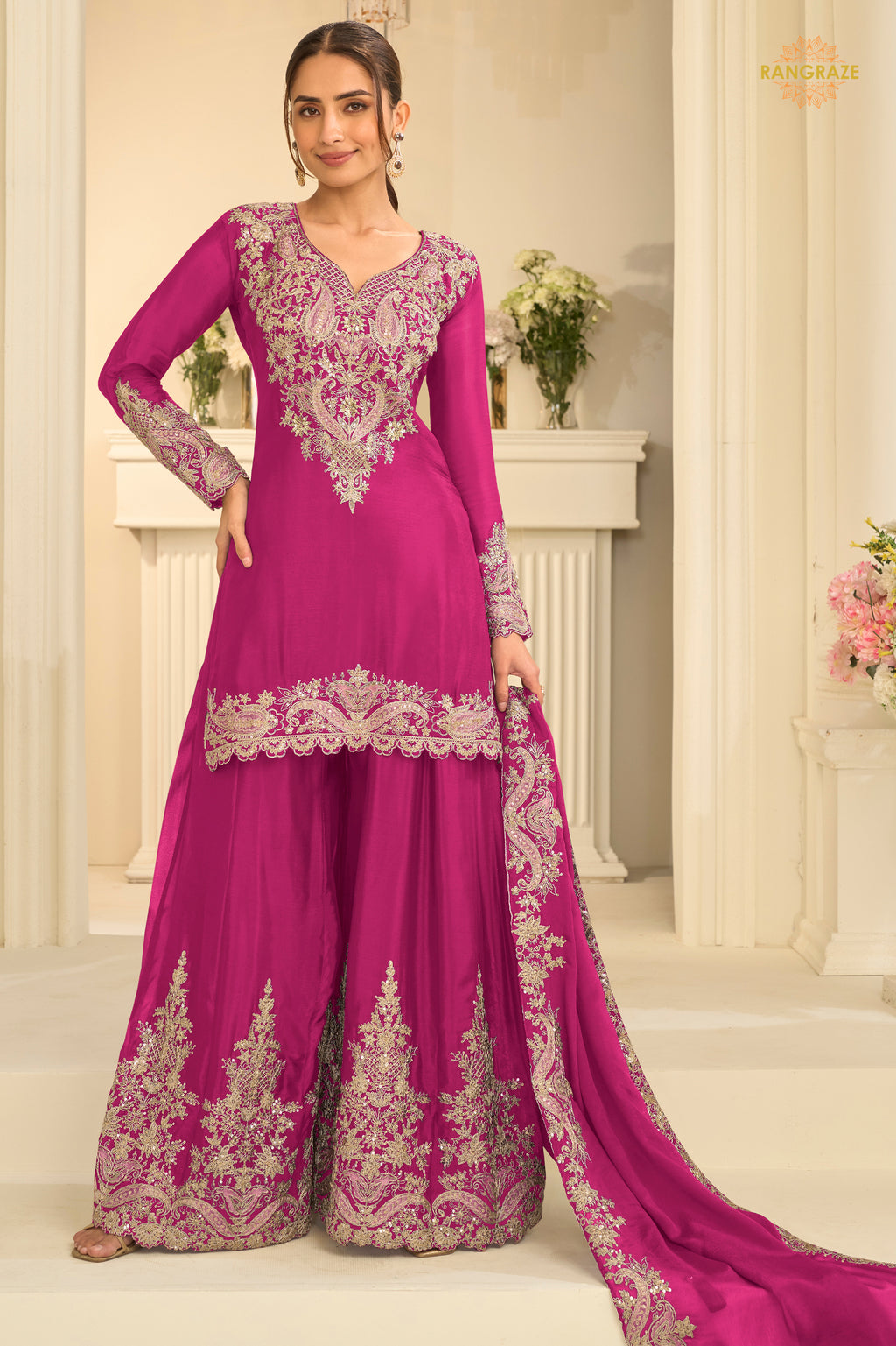 Pink Stitched Embroidered Chinon Suit