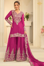 Pink Stitched Embroidered Chinon Suit