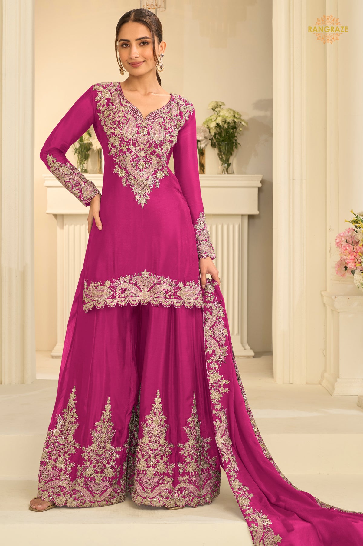 Pink Stitched Embroidered Chinon Suit