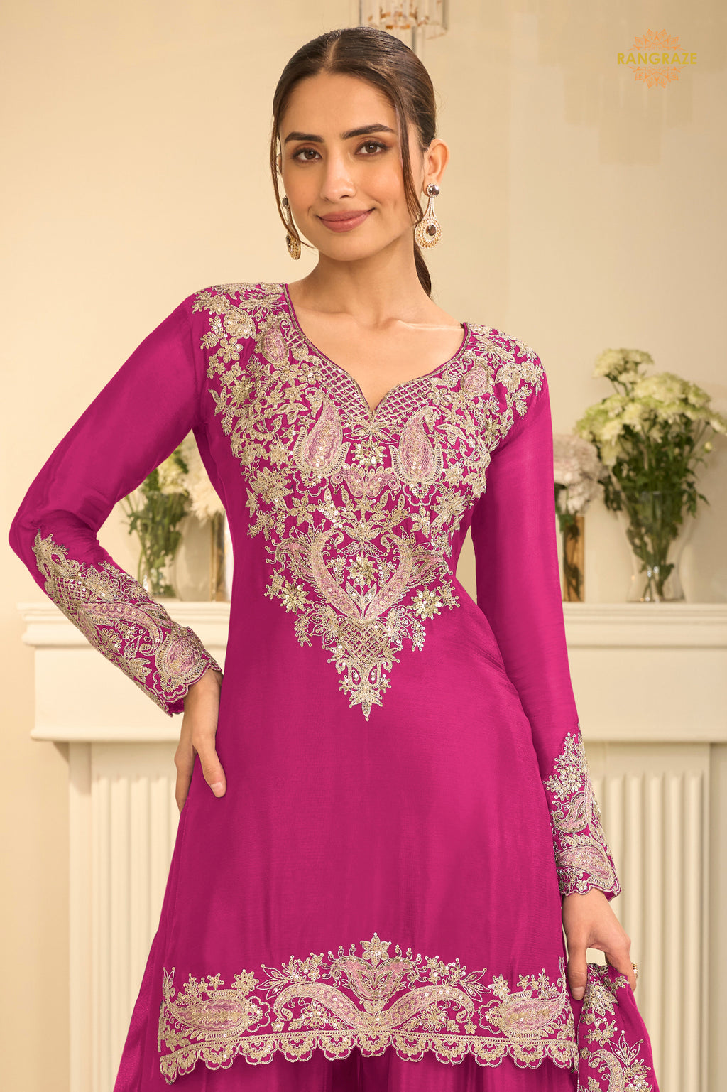 Pink Stitched Embroidered Chinon Suit