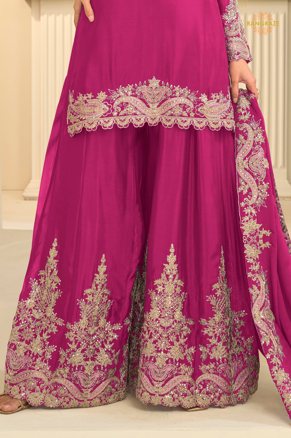 Pink Stitched Embroidered Chinon Suit